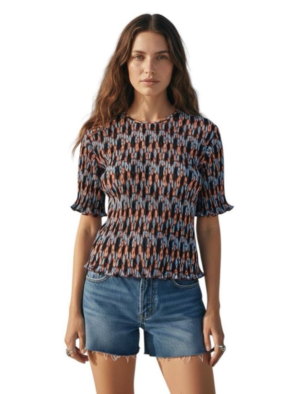 NWT Wildfang The Empower Plisse Boxy Short Sleeve Blouse in Blue/Orange Size M